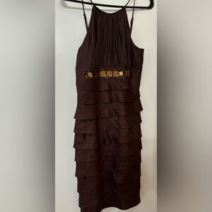Cache Vintage Brown Tiered Embellished Gem Shiny Cocktail Dress Size 4.